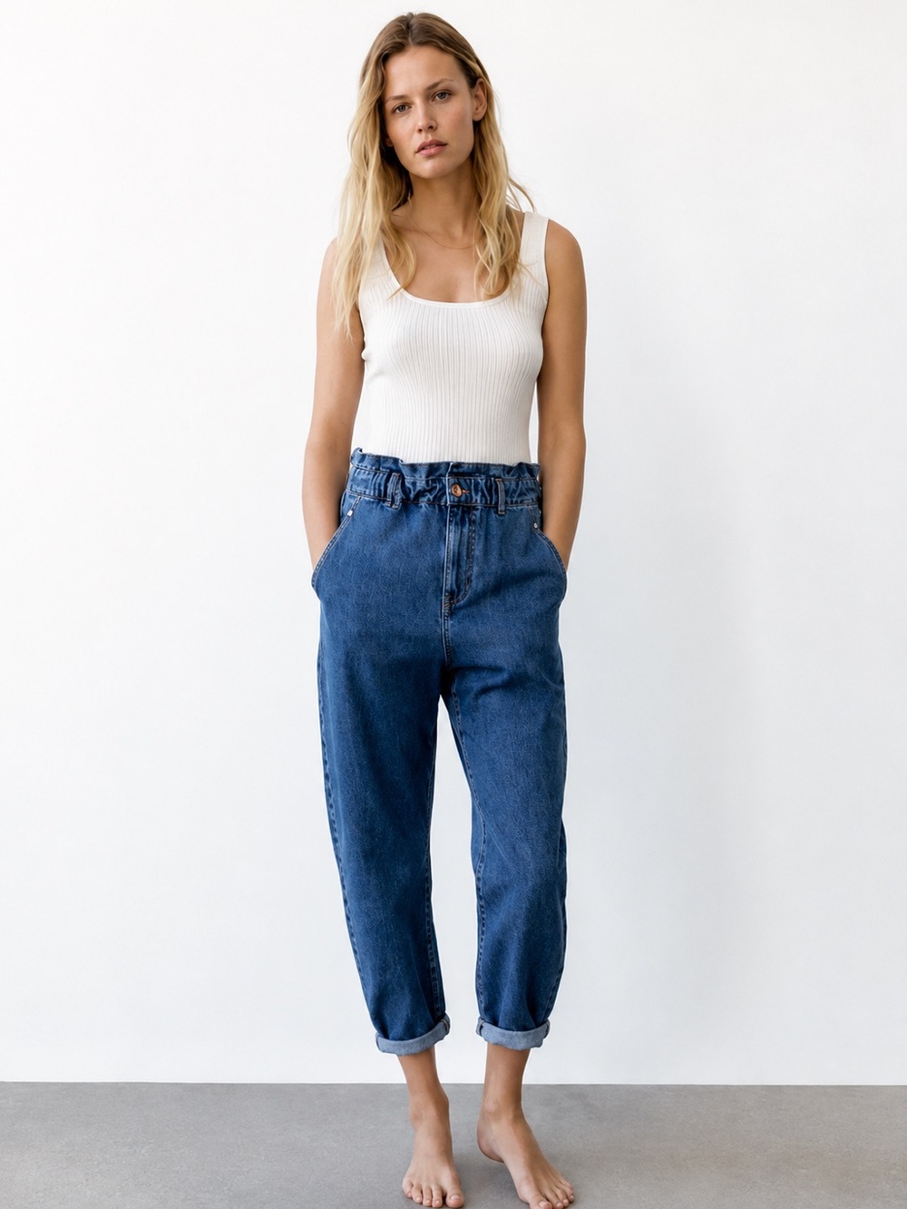 Zara High-Waist Paperbag Mom Jeans - Blue